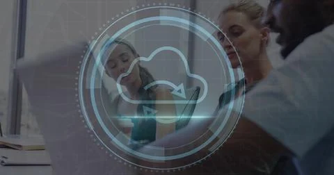 Image of cyber security text, cloud icon, diverse colleagues discussing ove.. 스톡 사진