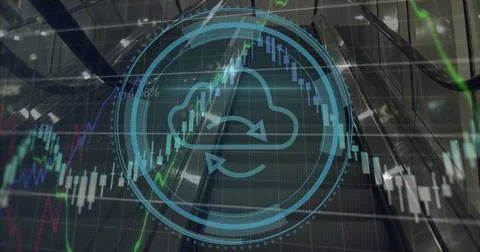Image of cyber security text, cloud, arrows in loading circles, shield, gra.. 写真素材
