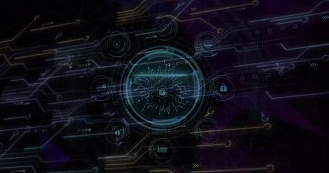 Image of cyber security text, data processing and scope with computer circuit Foto stock