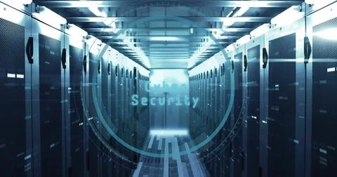 Image of cyber security text, digital data processing over computer servers Illustrazione stock