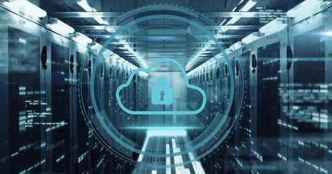Image of cyber security text with digital data processing over computer servers 스톡 사진