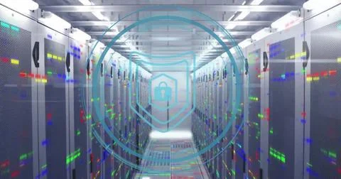 Image of cyber security text with digital data processing over computer servers 스톡 사진