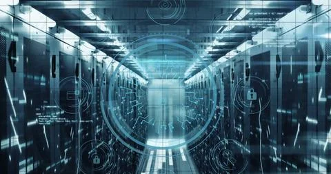 Image of cyber security text, padlock in circle with icons over computer la.. Foto stock