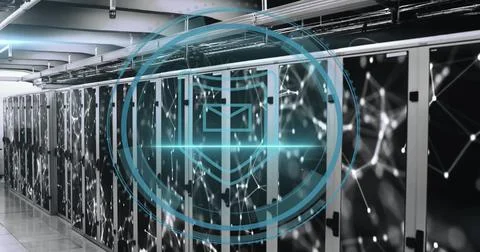 Image of cyber security text, scanner with mail security icon and network over Stock Illustration