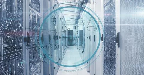 Image of cyber security text with scope scanning and mathematical equations over Stock Photos