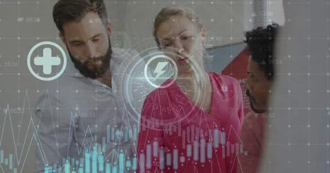 Image of cyber security text, security padlock icon over diverse colleagues Stock Photos