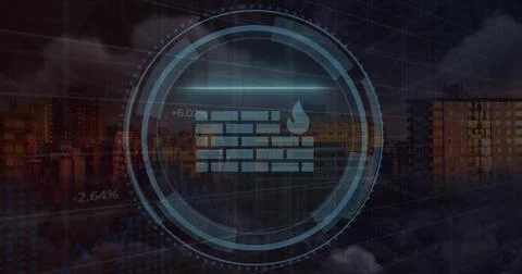Image of cyber security text in shield and brick wall with fire icons over .. 写真素材