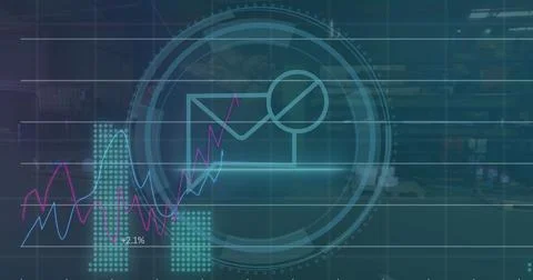 Image of cyber security text, shield, loading circles and graphs over aeria.. Foto stock