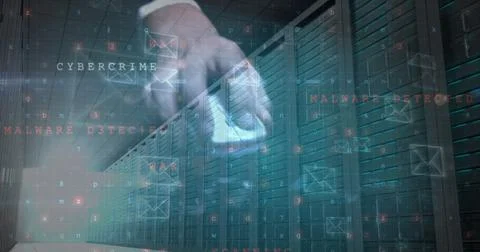Image of cyberattack and envelope icons over and using computer mouse server Foto stock