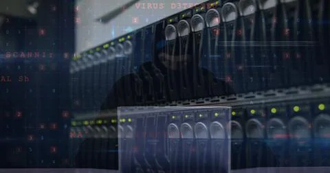 Image of cyberattack over server room and hacker using laptop Stock Illustration