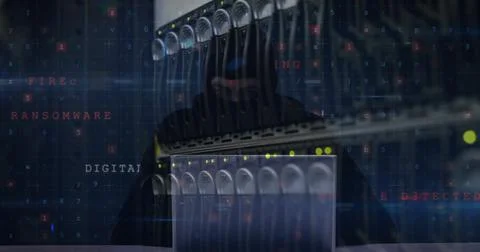 Image of cyberattack over server room and hacker using laptop Stock Illustration