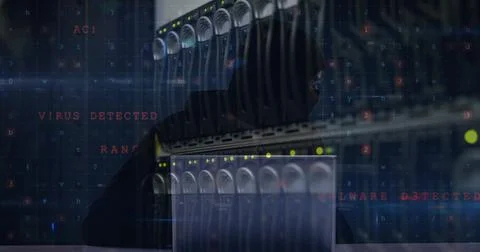 Image of cyberattack over server room and hacker using laptop Stock Illustration