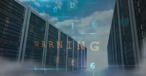 Image of cyberattack over server room and sky Stock Photos