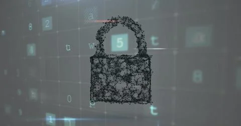 Image of cyberattack text, data processing over security padlock Stock Photos