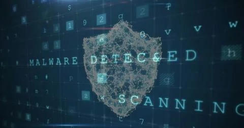 Image of cyberattack warning over shield icon on black background Stock Photos