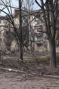 Image of a damaged multi-storey building, broken and mutilated trees after .. Stock Photos