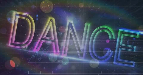 Image of dance and lights over financial graphs on black background Stock Illustration