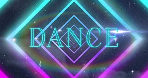 Image of dance text over neon shapes on black background Foto stock