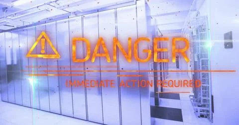 Image of danger text and data processing over computer servers 스톡 사진