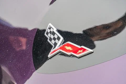 Image of a dark-colored car with a checkered emblem on the rear right side, p Stock Photos
