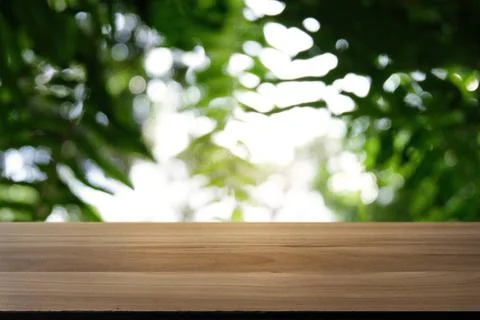 Image of dark wooden table in front of abstract blurred background of outd... Foto stock