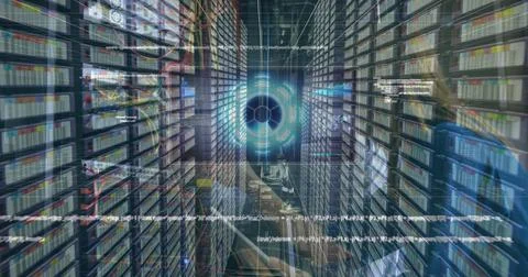 Image of data and caucasian man checking servers Foto stock