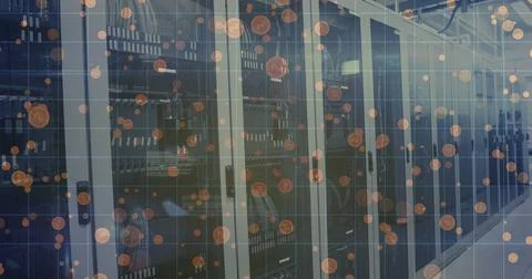 Image of data and coins over servers Stockfoto's