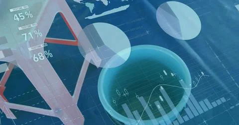 Image of data and graphs over stool and bucket on blue background 스톡 일러스트