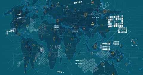 Image of data and icons over world map on green background Illustrazione stock