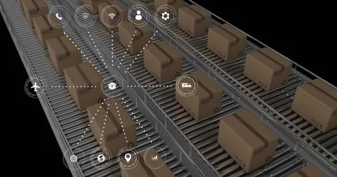 Image of data and icons over cardboard boxes on conveyor belts Stock Photos