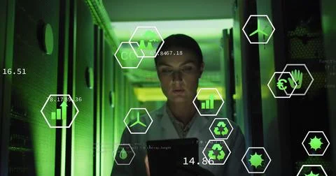 Image of data and icons over caucasian female it engineer with tablet by Stock Photos