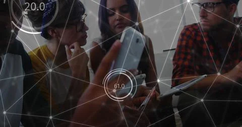 Image of data and network of connections over diverse businesspeople using Stock Photos