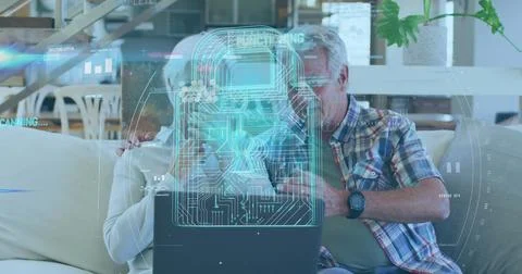 Image of data and online security padlock over worried senior caucasian couple Stock Photos