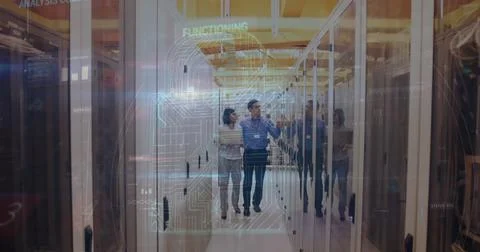 Image of data and padlock over computer servers and caucasian male and female it 스톡 사진