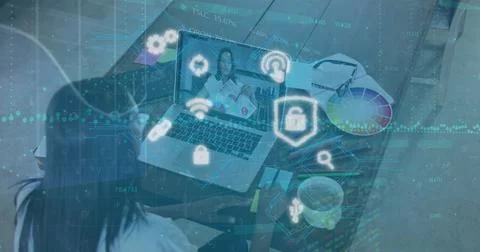 Image of data and security icons over woman using laptop Stock Photos
