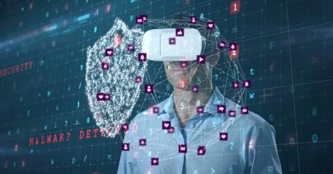 Image of data and security icons over businessman using vr headset Stock Photos