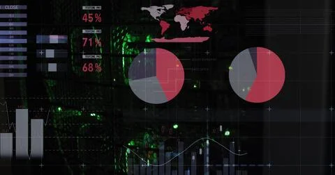 Image of data and statistics processing over green lights of computer servers Illustrazione stock
