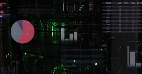 Image of data and statistics processing over green lights of computer servers Foto stock