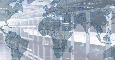 Image of data and world map over servers 스톡 사진