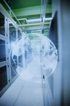 Image of a data center against glowing earth with binary code Stock Illustration