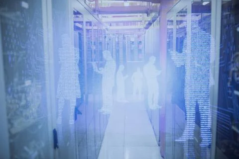 Image of data center against shiny silhouettes on blue background 스톡 일러스트