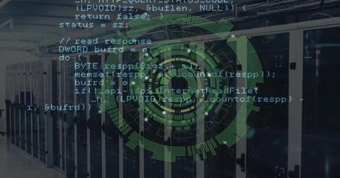 Image of data coding and circular scanner over server room Stock Photos