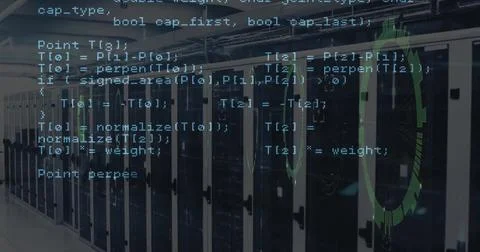 Image of data coding and circular scanner over server room Stock Photos