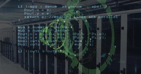 Image of data coding and circular scanner over server room Stock Photos