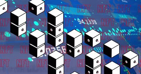 Image of data, cubes and nft over cityscape イラスト素材