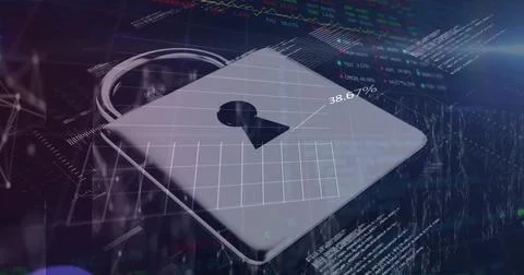 Image of data data, financial graphs and digital padlock on navy background 스톡 사진