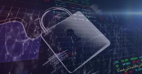 Image of data data, financial graphs and digital padlock on navy background 스톡 사진