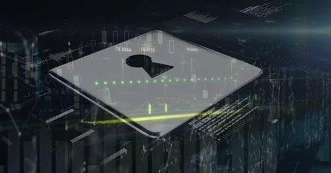Image of data data, financial graphs and digital padlock on navy background 스톡 사진