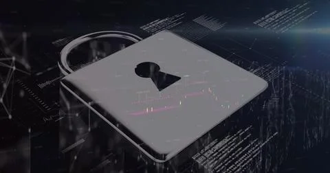 Image of data data, financial graphs and digital padlock on navy background 스톡 사진