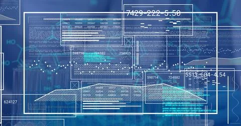 Image of data on digital screen on blue background 库存插图